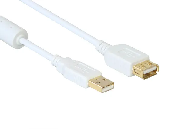 Verlängerung USB 2.0 Stecker A an Buchse A, mit Ferritkern, vergoldet, weiß, 1m, Good Connections®