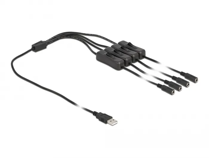 Kabel USB Typ-A Stecker zu 4 x DC 5,5 x 2,1 mm Buchse mit Schalter 1 m, Delock® [86799]