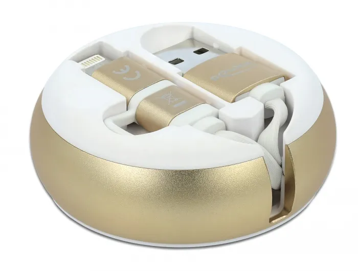 USB 2.0 2 in 1 Aufrollkabel Typ-A zu Micro-B und Lightning™ 8 Pin weiß / gold, Delock® [85820]