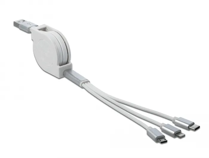 USB 3 in 1 Aufrollladekabel für 8 Pin / Micro USB / USB Type-C™ weiß, 0,82 m, Delock® [85850]