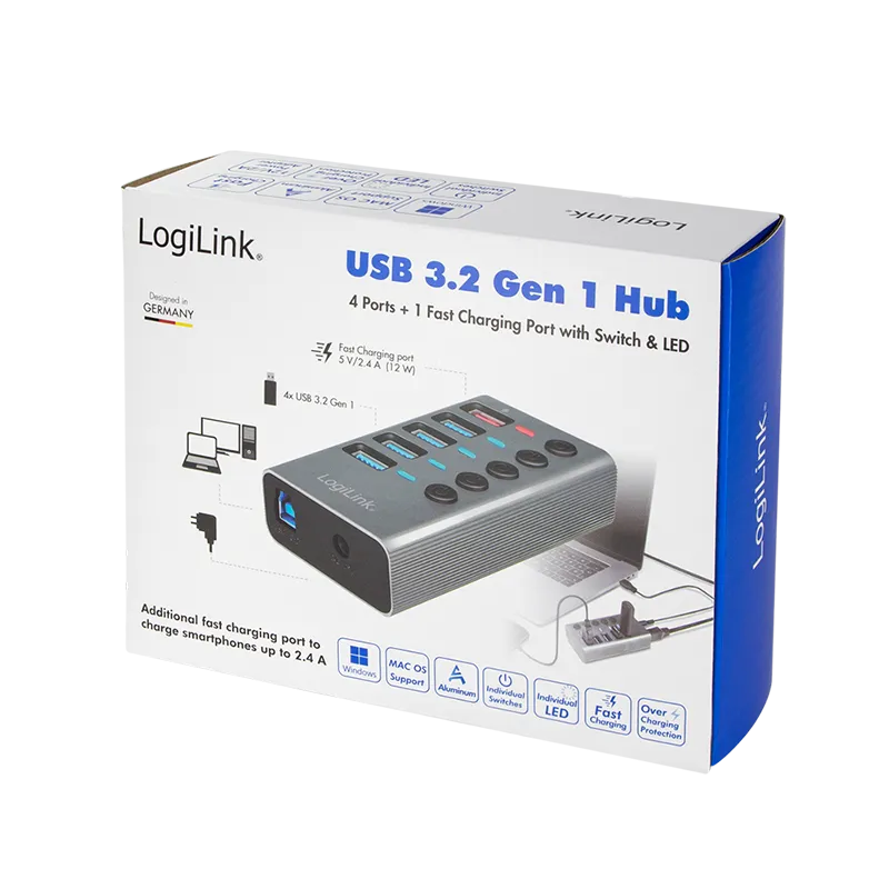 USB 3.2 Gen 1 Hub, 4 Ports + 1x Schnell-Ladeport, Ein/Aus-Schalter
