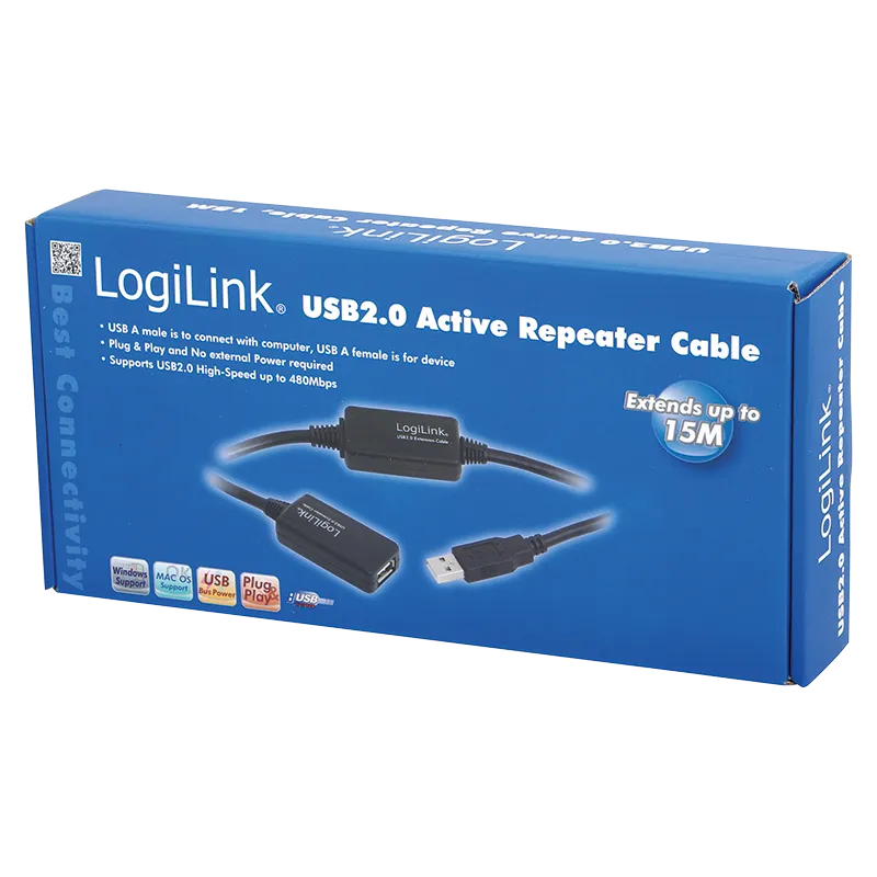 USB 2.0-Kabel, USB-A/M zu USB-A/F, Verstärker, schwarz, 15 m