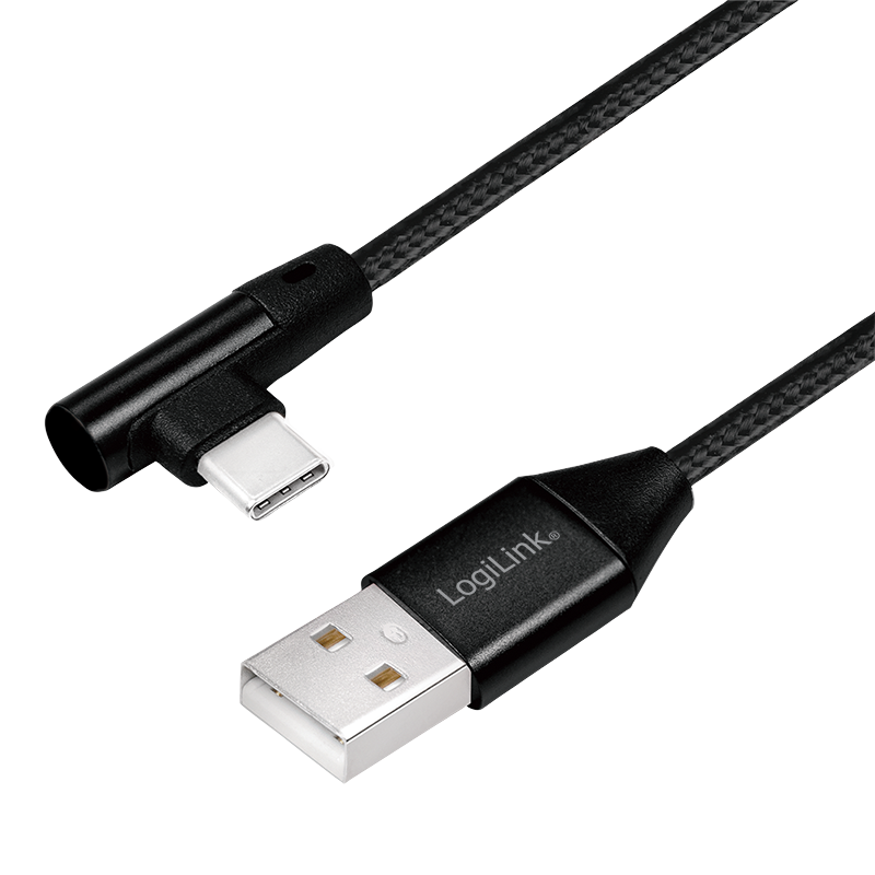USB 2.0 Type-C Kabel, C/M (90°) zu USB-A/M, Stoff, schwarz, 1 m