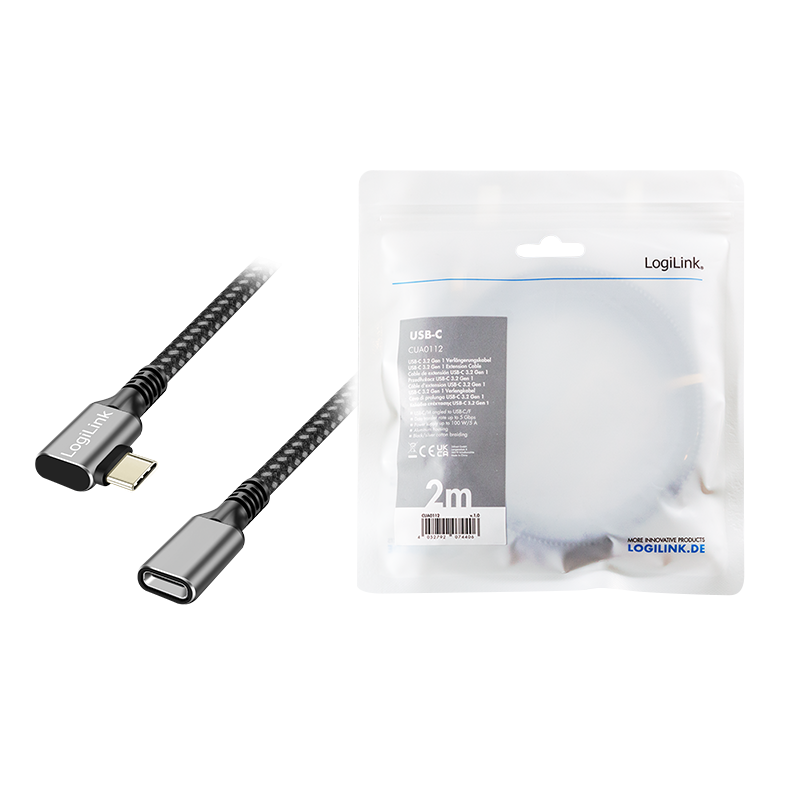 USB 3.2 Gen1 Type-C-Kabel, C/M 90° zu USB-C/F, PD, alu, schwarz/grau, 2 m