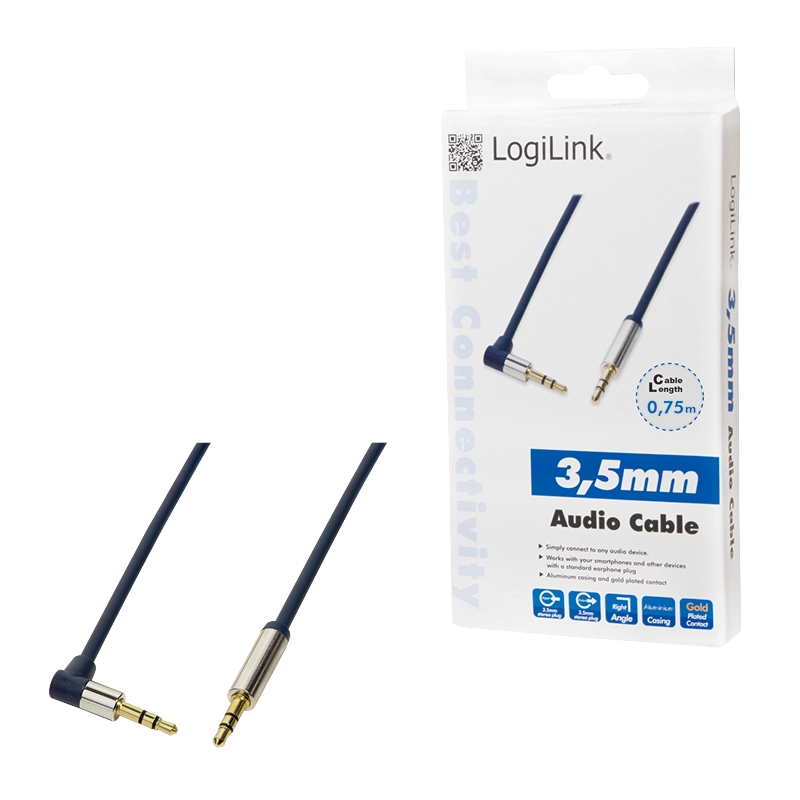 Audio-Kabel, 3,5 mm 3-Pin/M (90°) zu 3,5 mm 3-Pin/M, blau, 0,75 m