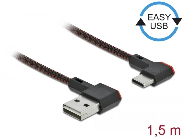 EASY-USB 2.0 Kabel Typ-A Stecker zu USB Type-C™ Stecker gewinkelt links / rechts 1,5 m schwarz, Delo
