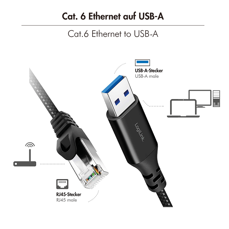 USB 3.0 Ethernet-Kabel, A/M zu RJ45/M, 1 Gbit/s, aktiv, schwarz/grau, 10 m