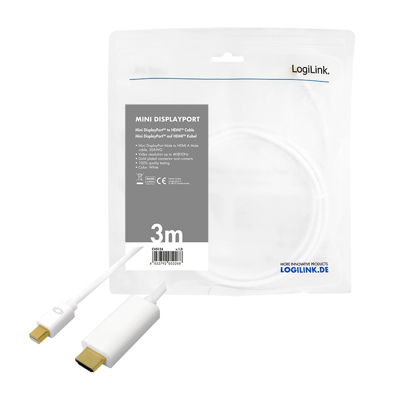 DisplayPort-Kabel, mDP/M zu HDMI-A/M, 4K/30 Hz, weiß, 3 m