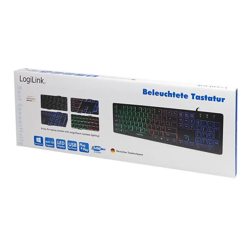 Beleuchtete Tastatur, USB, LED Regenbogen-Hintergrundbeleuchtung, schwarz