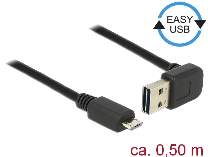 Kabel EASY-USB 2.0 Typ-A Stecker gewinkelt oben / unten an USB 2.0 Typ Micro-B Stecker, schwarz, 0,5