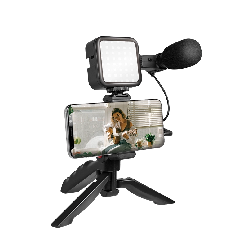 Vlogger Kit mit LED-Licht, Mikrofon + Stativ, für 4,7–7" Smartphones