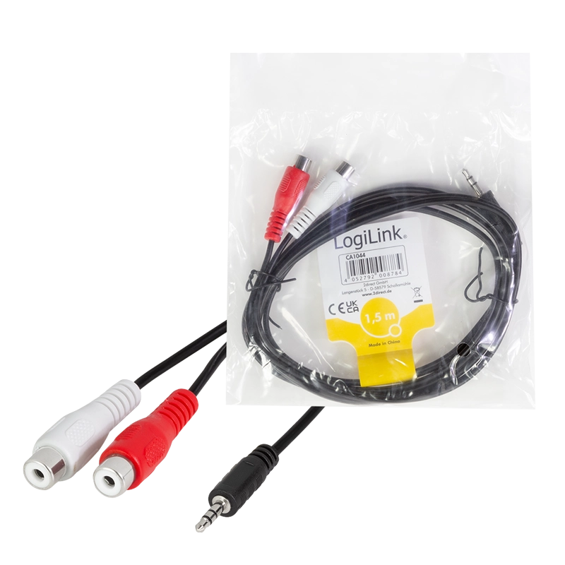 Audio-Kabel, 3,5 mm 3-Pin/M zu 2x Cinch/F, schwarz, 1,5 m