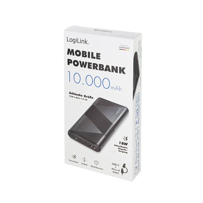 Powerbank 10000 mAh, 1x USB-A QC 3.0 & 1x USB-C PD 2.0, 2-in-1 Kabel