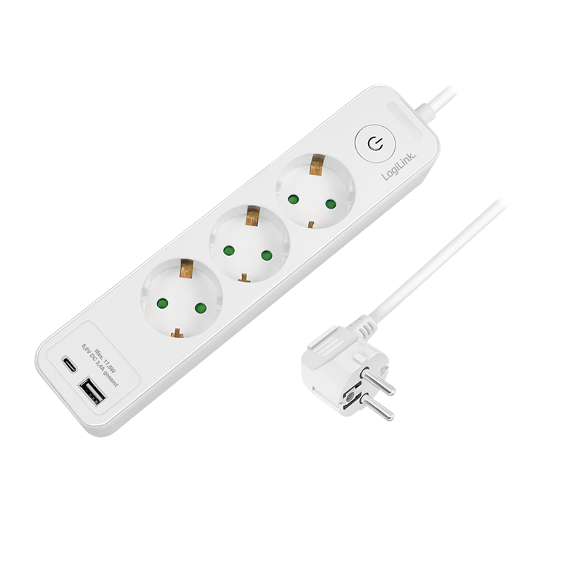 Steckdosenleiste 3-fach + Schalter, 3x CEE 7/3, 1x USB-A, 1x USB-C, 1,5 m, weiß