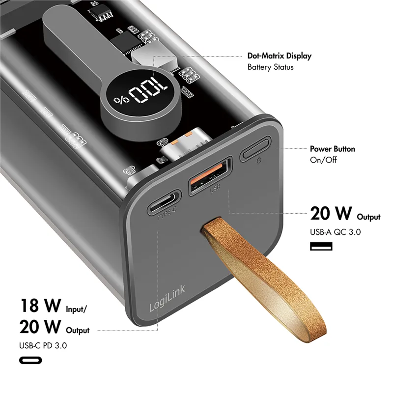 Powerbank 20000 mAh, 1x USB-A, 1x USB-C, mit Display, PD & QC, transp.
