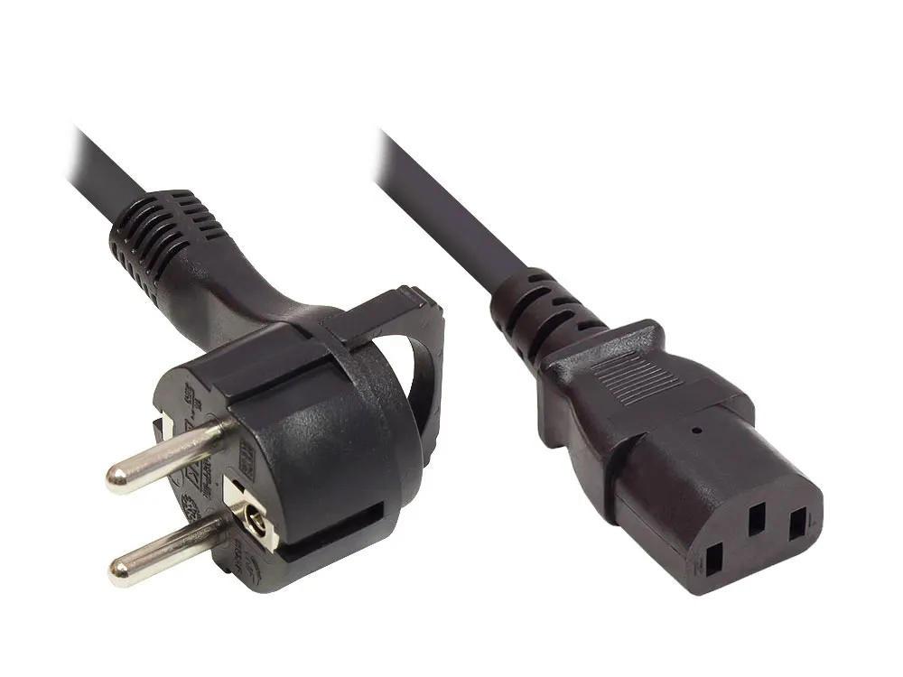 Netzkabel Schutzkontakt-Flachstecker Typ E+F (gewinkelt) an C13 (gerade), schwarz, 1,00 mm², 3,5 m,