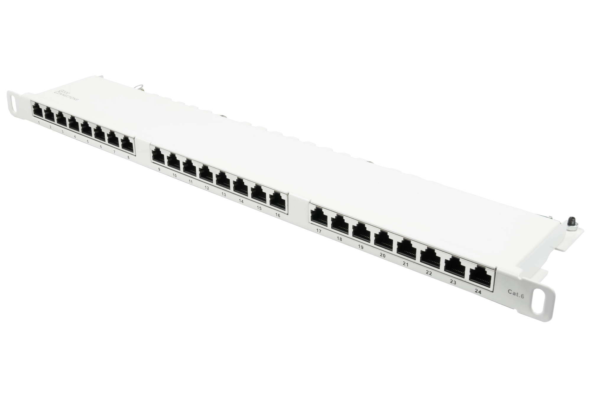 Patchpanel 19" Cat. 6, 24-Port, 0,5 HE, STP geschirmt, werkzeugloses Öffnen, Reinweiß (RAL9010), Goo