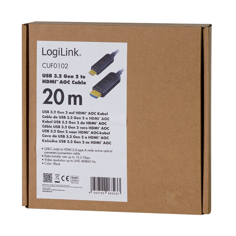USB 3.2 Gen2 Type-C Kabel, C/M zu HDMI/M, 4K/60 Hz, AOC, schwarz, 20m