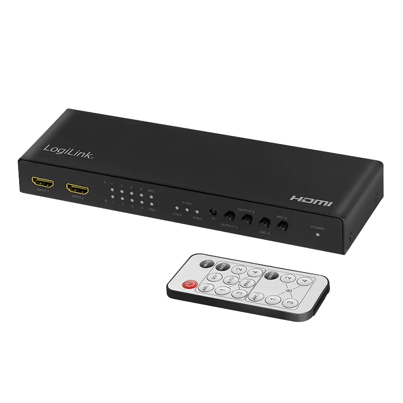 HDMI-Switch, 4x2-Port, Matrix, 4K/60 Hz, HDR, ARC, Scaler, RC
