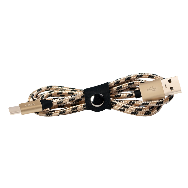 USB 2.0 Type-C Kabel, C/M zu USB-A/M, Nylon, schwarz/gold, 2 m