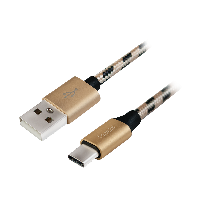 USB 2.0 Type-C Kabel, C/M zu USB-A/M, Nylon, schwarz/gold, 2 m