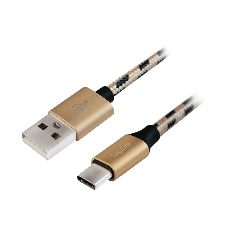 USB 2.0 Type-C Kabel, C/M zu USB-A/M, Nylon, schwarz/gold, 2 m