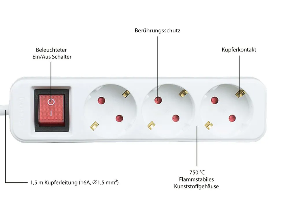 Steckdosenleiste mit Schalter, 3-fach, Schutzkontakt-Stecker an 3x Schutzkontakt-Buchse, Berührungss