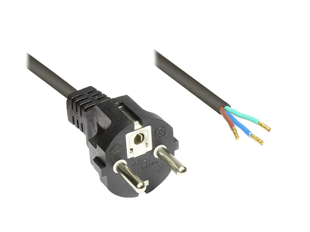 Netzkabel Schutzkontakt-Stecker gerade mit abisolierten Enden, schwarz, 1,5m, Good Connections®