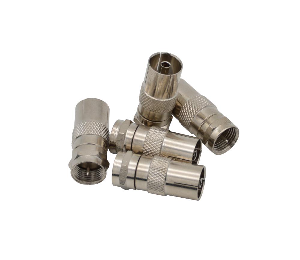 F-Stecker - IEC Koax-Kupplung 9,5 mm, vernickelt Cu-Legierun F-Stecker - IEC Koax-Kupplung 9,5 mm, vernickelt Cu-Legierun