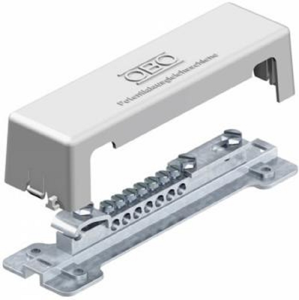 Potentialausgleichsschiene lichtgrau mit 7 Klemmen bis 25qmm Potentialausgleichsschiene lichtgrau mit 7 Klemmen bis 25qmm