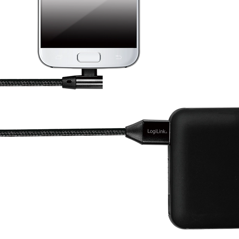 USB 2.0-Kabel, USB-A/M zu Micro-USB/M (90°), Stoff, Metall, schwarz, 1m