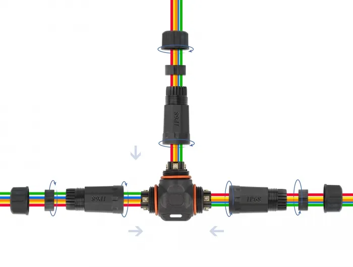Kabelverbinder T-Form für Außenbereich 5 Pin, IP68 wasserdicht, schraubbar, Kabeldurchmesser 4,5 - 7