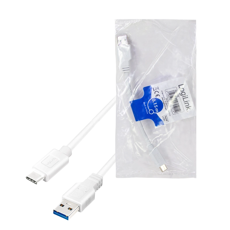 USB 3.2 Gen1 Type-C Kabel, C/M zu USB-A/M, weiß, 0,15 m