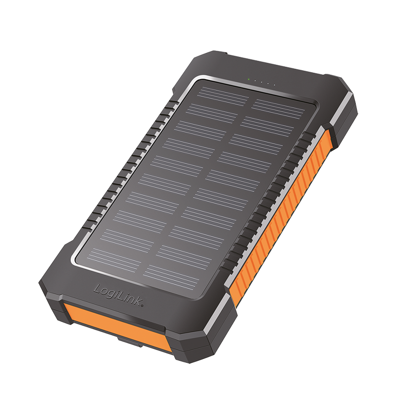 Solar-Powerbank 6000 mAh, Taschenlampe, 2x USB-A, 1x USB-C, schwarz-orange