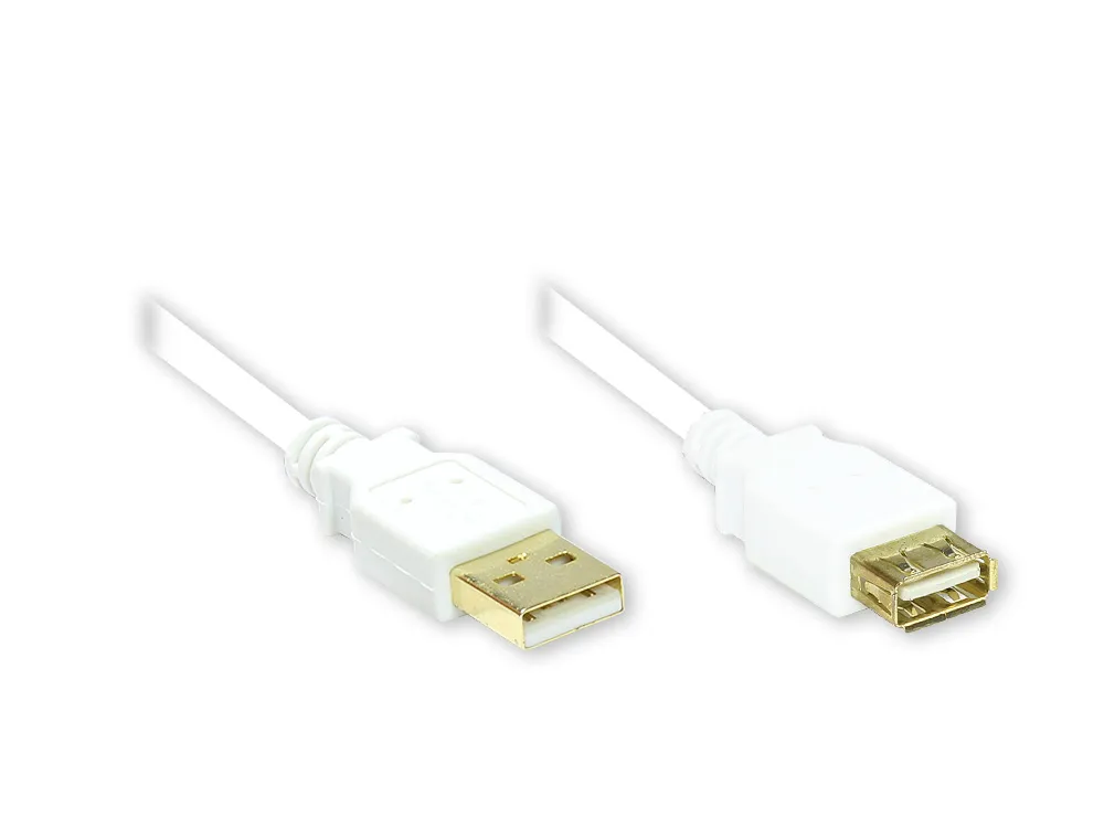 Verlängerung USB 2.0 Stecker A an Buchse A, vergoldet, weiß, 3m, Good Connections®