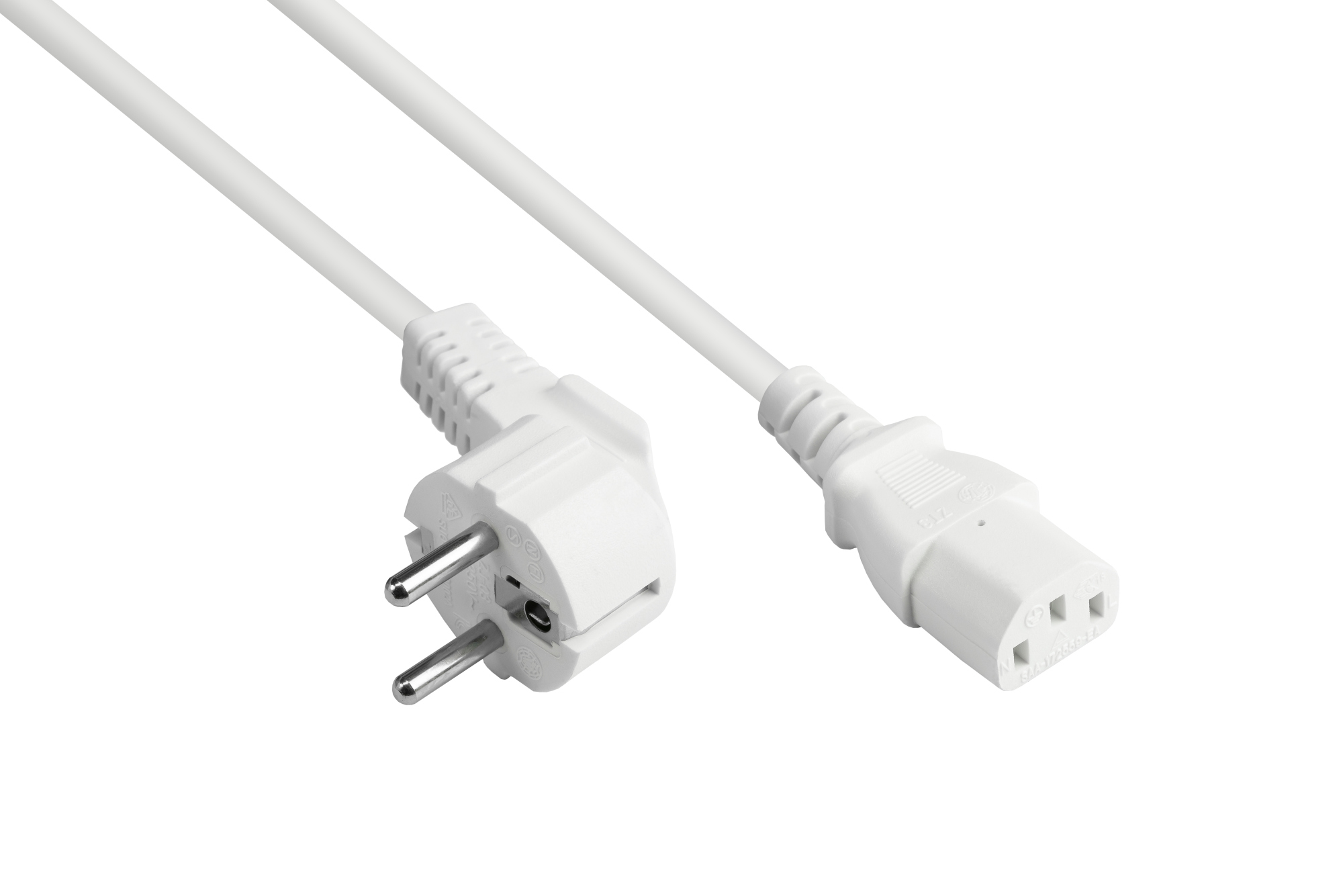 Netzkabel Schutzkontakt-Stecker Typ E+F (CEE 7/7, gewinkelt) an C13 (gerade), weiß, 0,75 mm², 0,75 m
