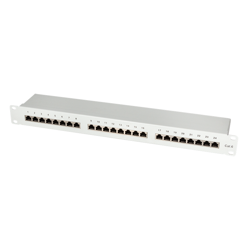 Cat.6 Patchpanel 24 Ports geschirmt, 19 Zoll Einbau, hellgrau