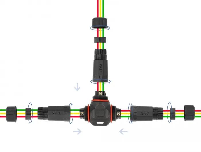 Kabelverbinder T-Form für Außenbereich 3 Pin, IP68 wasserdicht, schraubbar, Kabeldurchmesser 4,5 - 7