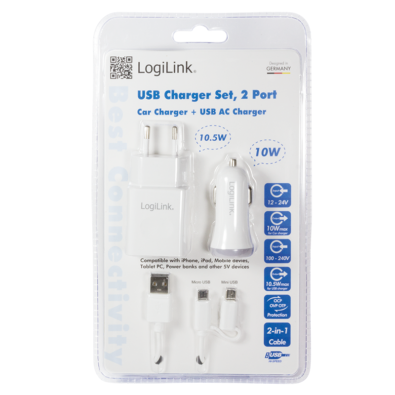 USB Ladeset, 1x Kfz Ladeadapter & 1x Steckdosenadapter mit je 2x USB Anschlüssen