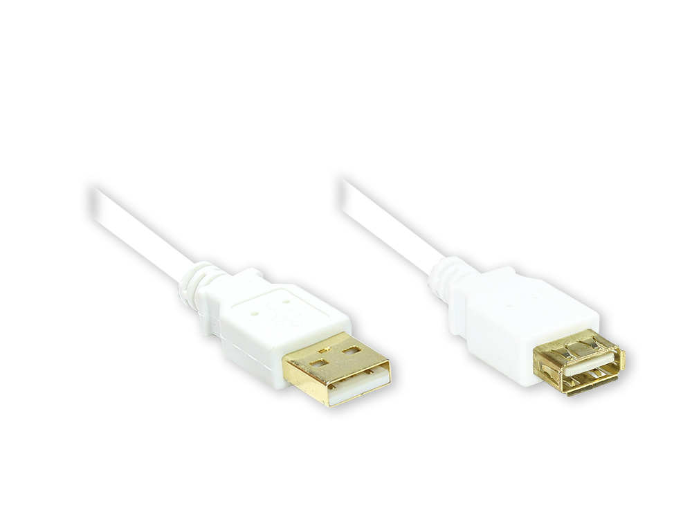 Verlängerung USB 2.0 Stecker A an Buchse A, vergoldet, weiß, 1m, Good Connections®