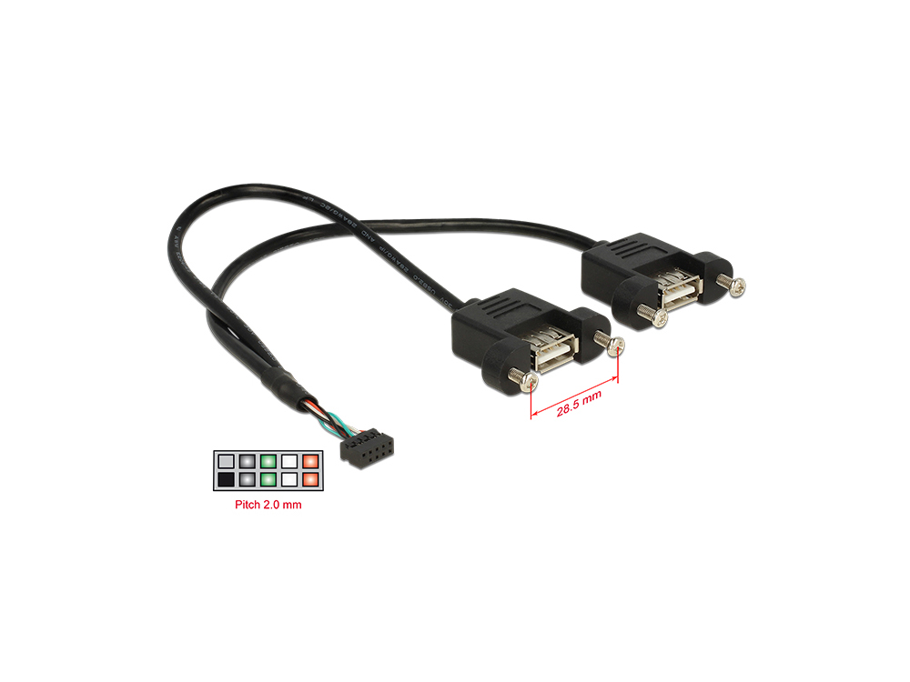 Kabel USB 2.0 Pfostenbuchse 2,00 mm Pitch 10 Pin an 2x USB 2.0 Typ A Buchse  zum Einbau, 0,25m, Deloc