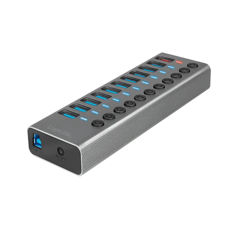 USB 3.2 Gen 1 Hub, 10 Ports + 1x Schnell-Ladeport, Ein/Aus-Schalter
