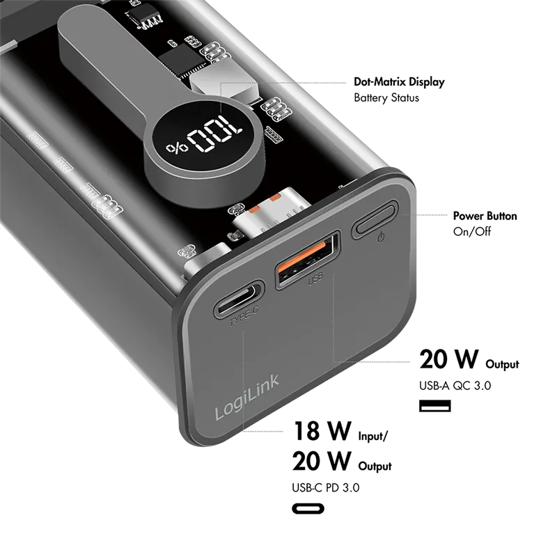 Powerbank 10000 mAh, 1x USB-A, 1x USB-C, mit Display, PD & QC, transp.