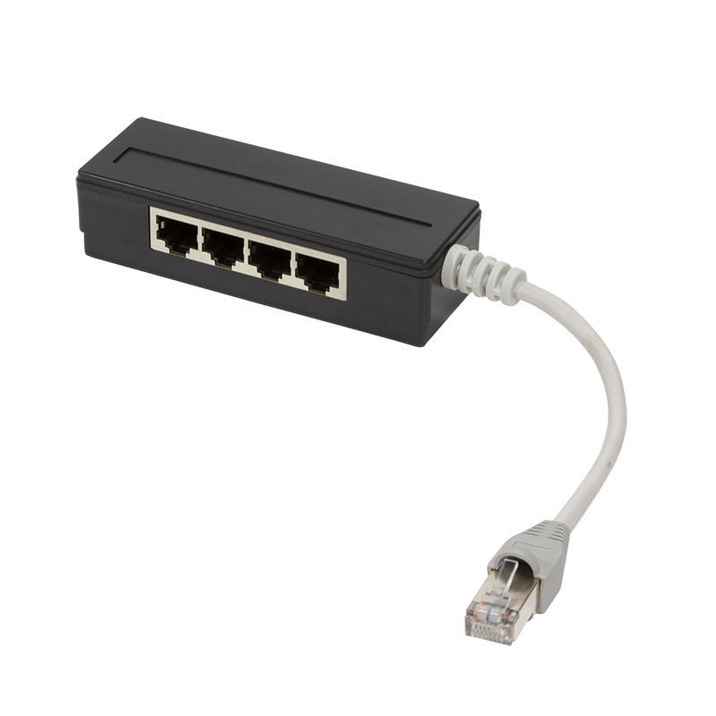 Passiver RJ45 Leitungsaufteiler, 4-Port, geschirmt, 15 cm Kabel, schwarz