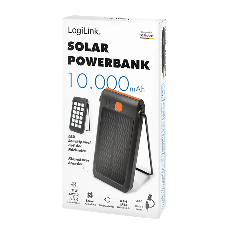 Solar Powerbank 10000 mAh, Taschenlampe, 2x USB-A QC & 1x USB-C PD