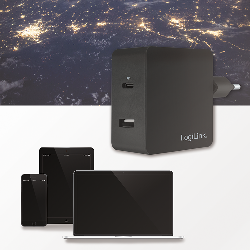 USB Steckdosenadapter, 1x USB-C Port (PD) & 1x USB-A Port, 45W