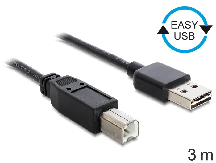 Anschlusskabel USB 2.0 EASY Stecker A an Stecker B, schwarz, 3m, Delock® [83360]