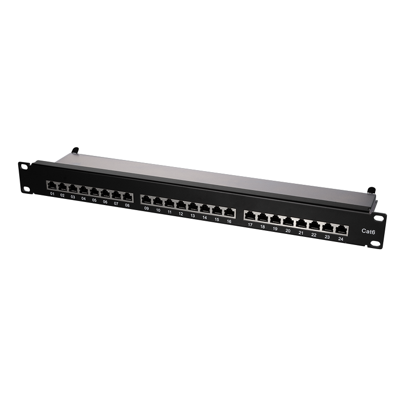 Cat.6 Patchpanel 24 Ports geschirmt, 19 Zoll Einbau, schwarz, PrimeLine