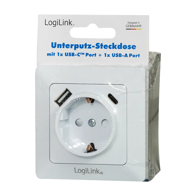 Unterputz-Steckdose, 1x CEE 7/3, 1x USB-A, 1x USB-C PD