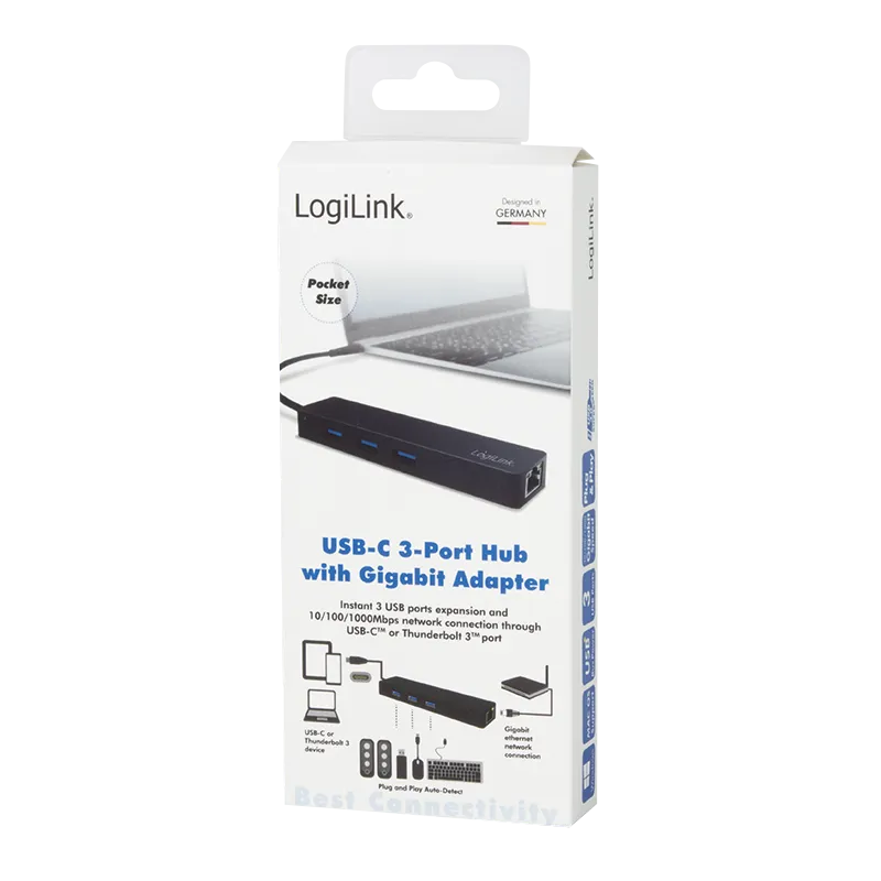 USB 3.2 Gen 1x1 USB-C 3-Port Hub, mit Gigabit Adapter